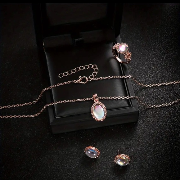 Delicate Oval Shaped Stud Earrings + Necklace + Ring Iron Jewelry Set - Picture 3 of 4